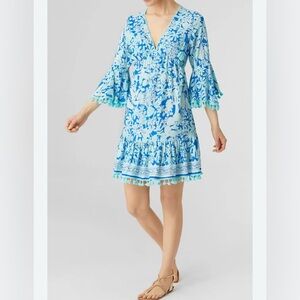 COCO + CARMEN LONNIE RUFFLED PRINTED TUNIC DRESS S/M PULLOVER CASUAL V-NECK